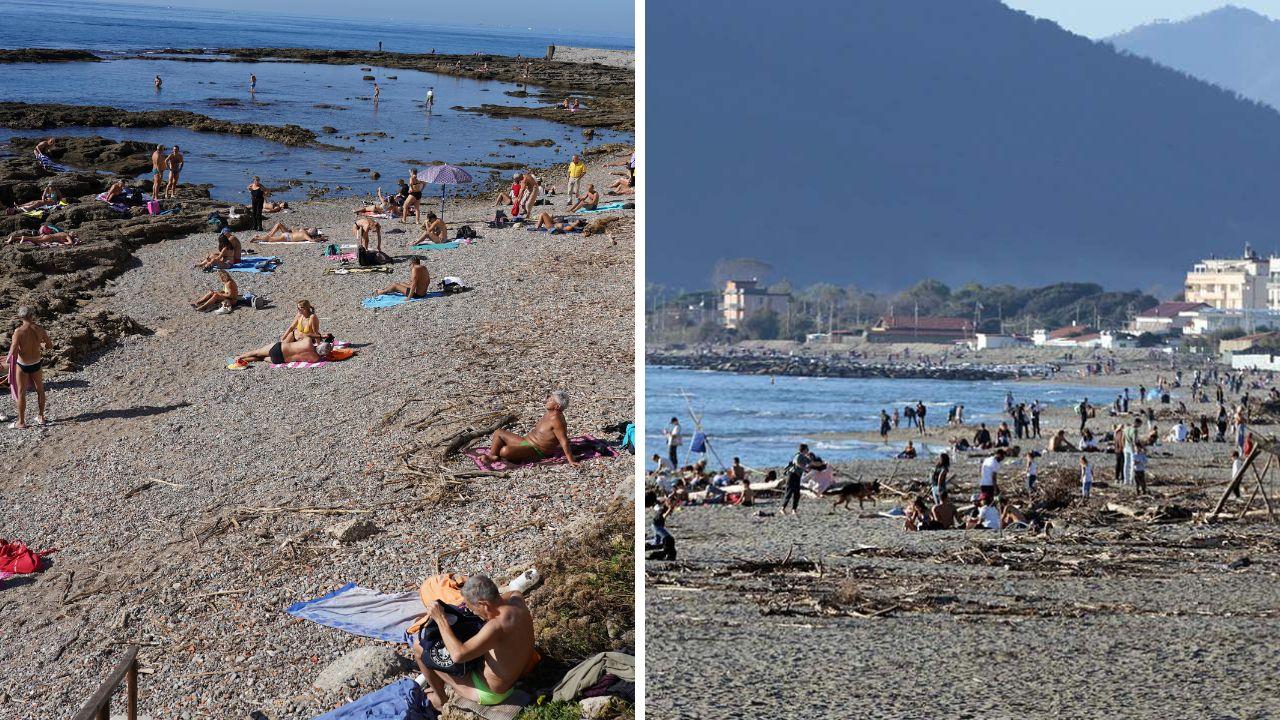 Il litorale il primo novembre a Livorno (a sinistra, foto Franco Silvi) e a Marina di Carrara (a destra, foto Massimo Matelli)