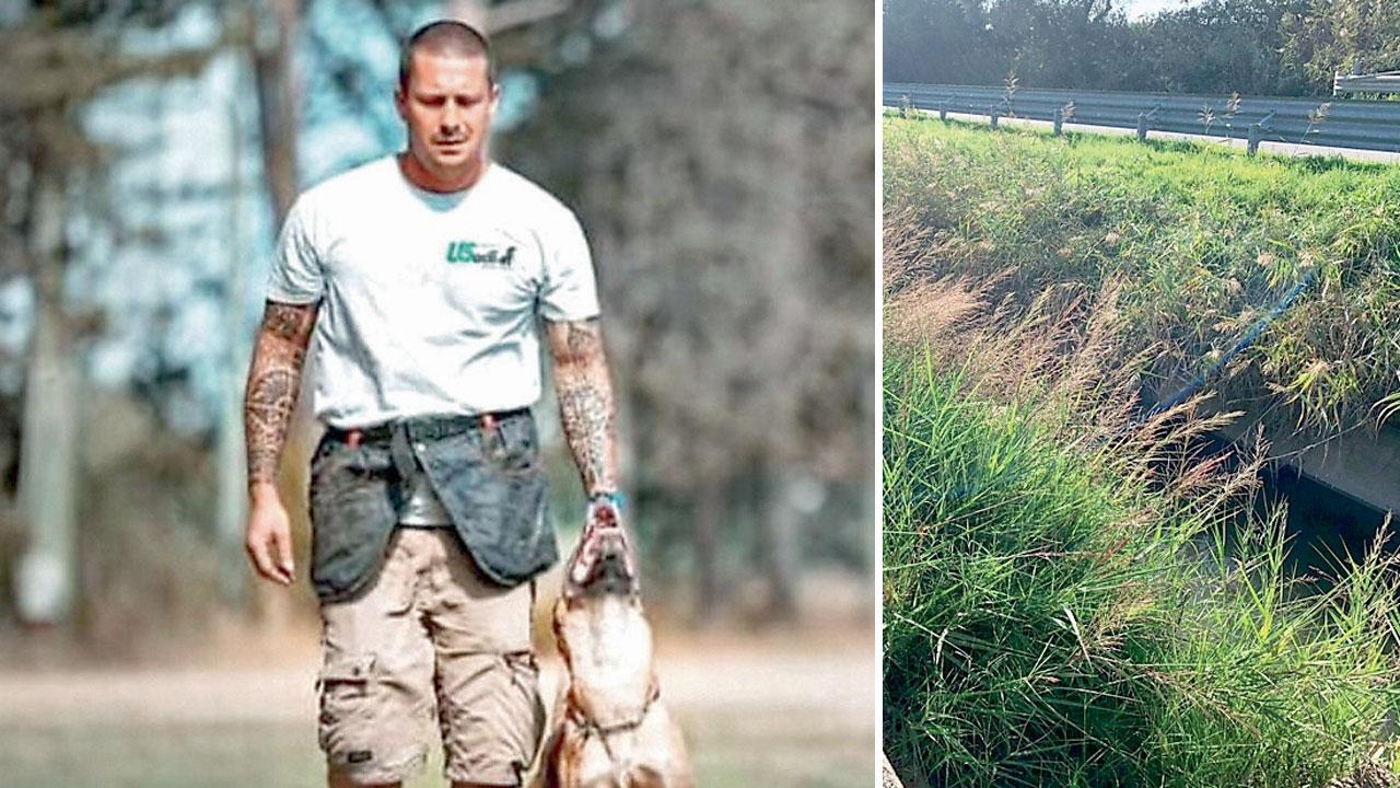 L’istruttore cinofilo Manuel Bordo con uno dei suoi cani. A destra il fossato dove si è calato legandosi con una fune