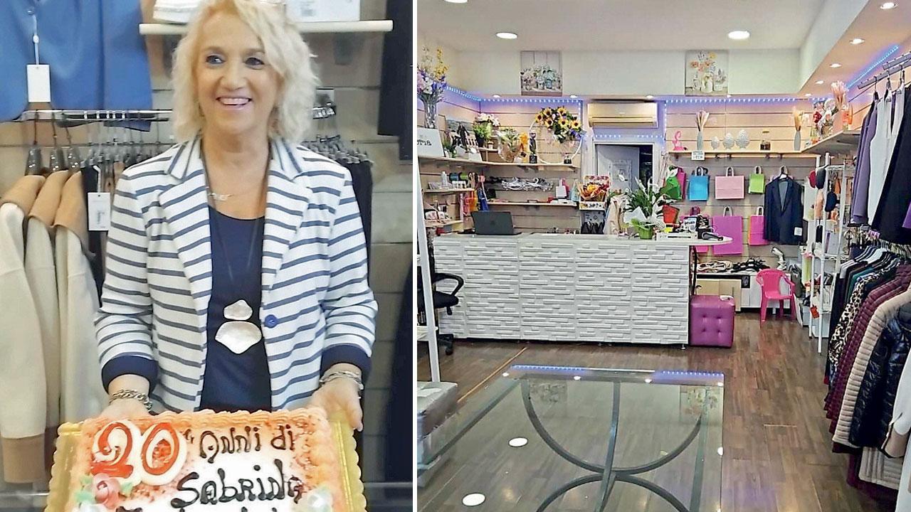 Sabrina Pierangioli con la torta per i 20 anni della sua attività, a destra l'interno del negozio