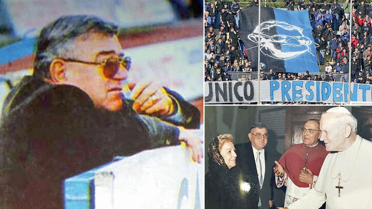 A sinistra il presidente del Pisa Romeo Anconetani. A destrain basso Romeo Anconetani con la moglie Agata Buonomo (Titina) a un’udienza da Papa Giovanni Paolo II, in alto uno dei ricordi dedicato dai tifosi dalla Curva nord allo storico presidente nel corso degli anni