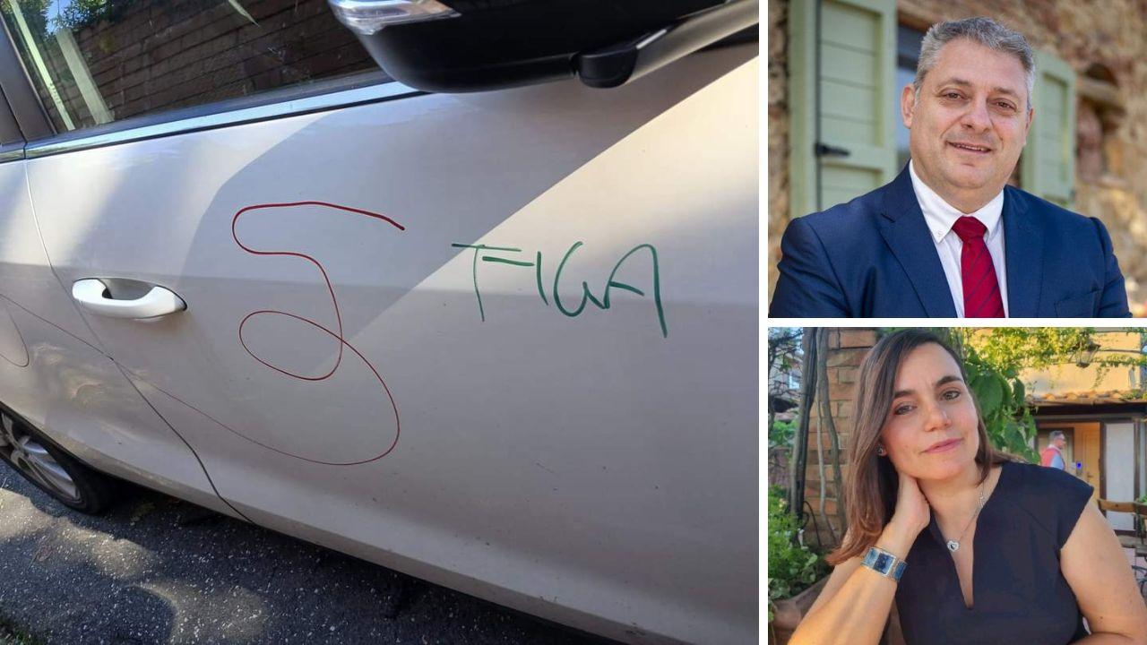 
	Una delle auto imbrattate,&nbsp;il sindaco di Guardistallo, Sandro Ceccarelli e la&nbsp;psicologa, Alessandra Bondi


