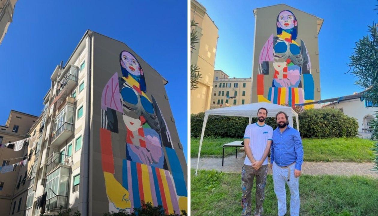 Dalla California a Livorno, su un palazzo della Venezia spunta la maxi donna-collage di Aryz