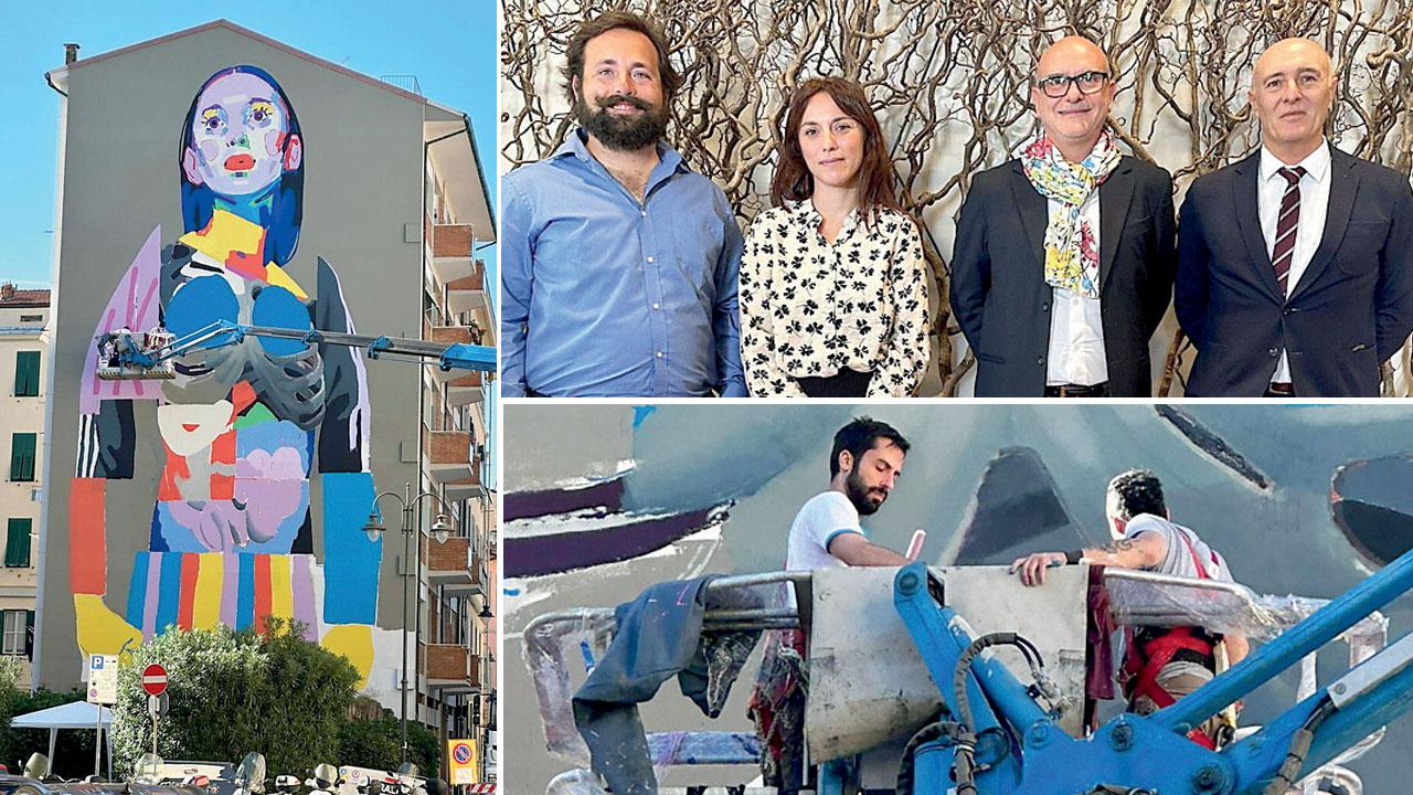 Il murale di via Strozzi;  sotto l’artista Aryz al lavoro. In alto Grassi, Tamalio, Cerini e Scuri durante l’anteprima del murale