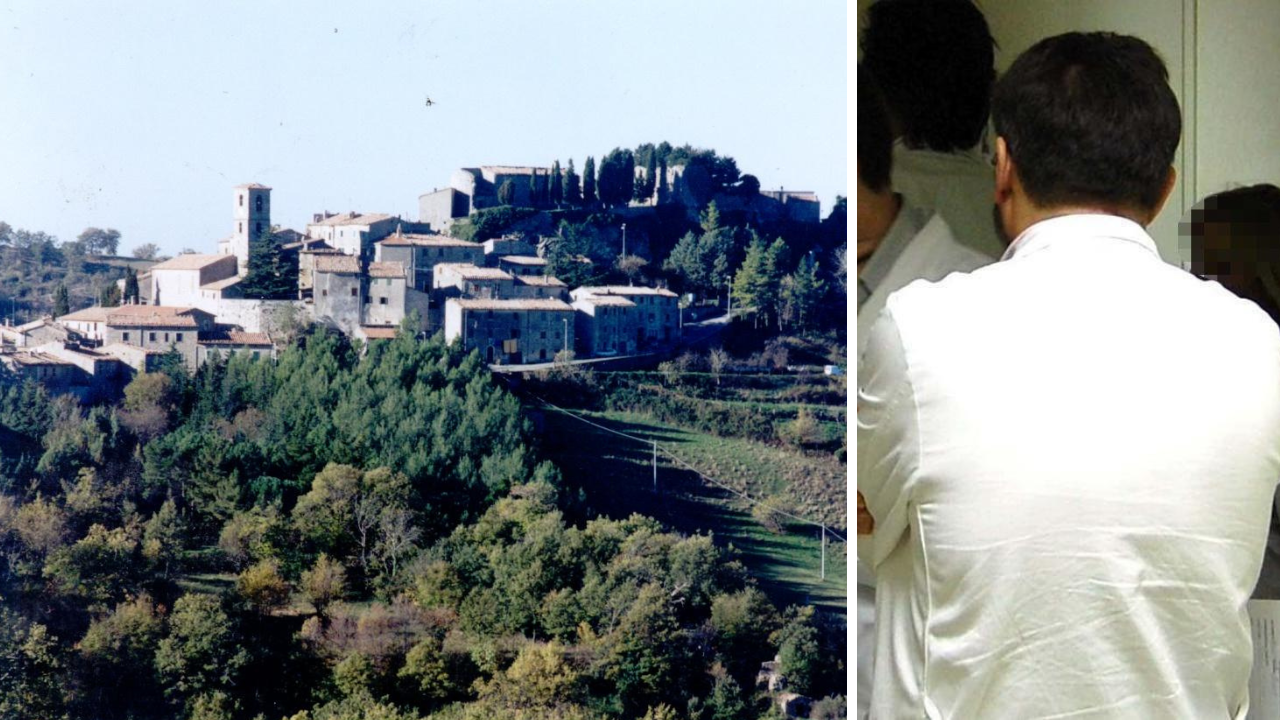 Una veduta di Semproniano e un gruppo di medici