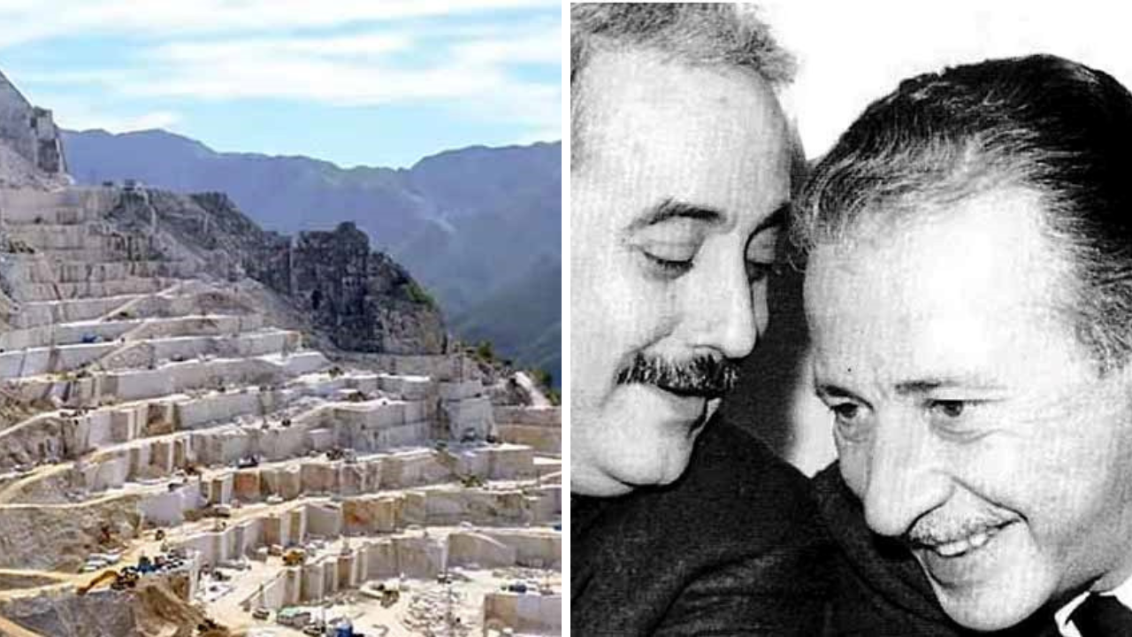 I due magistrati antimafia Giovanni Falcone (a sinistra) e Paolo Borsellino e un’immagine delle cave di Carrara