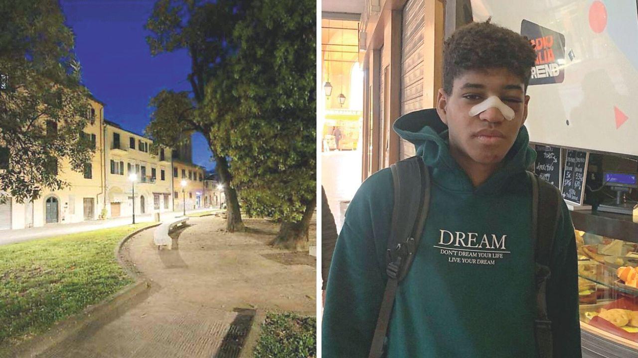 Il 18enne picchiato e una veduta di piazza Dante