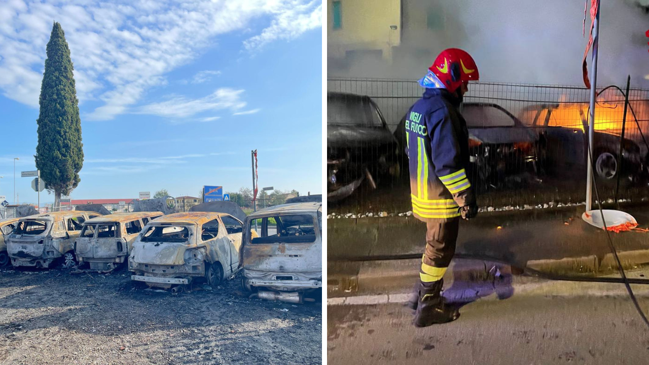 Le auto bruciate e i vigili del fuoco al lavoro l’altra notte