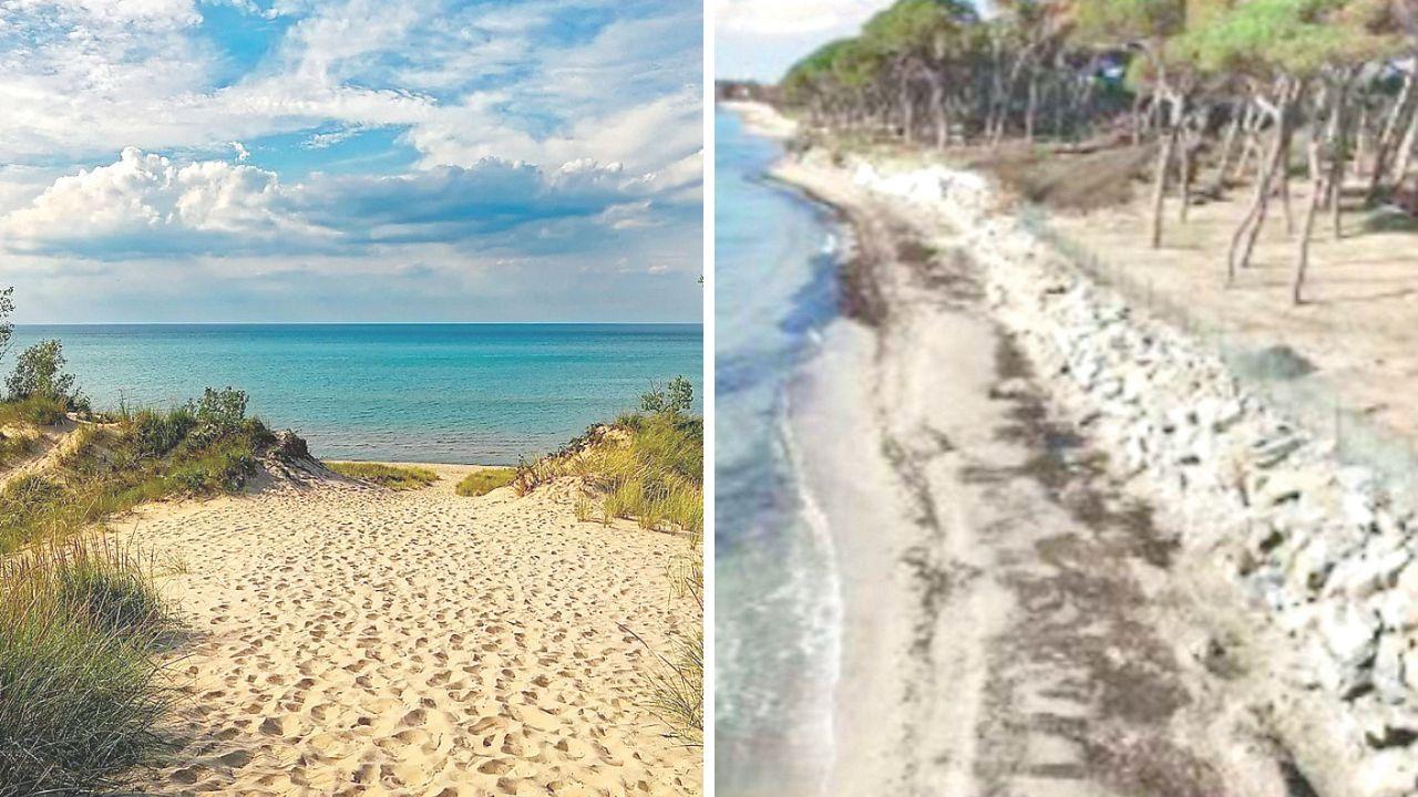 A sinistra uno scorcio della spiaggia in Costa est, la spiaggia tra Torre Mozza e Baia Toscana