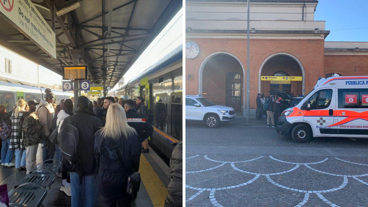 Alcuni momenti del caos per la lite sul treno in stazione a Pontedera ieri mattina