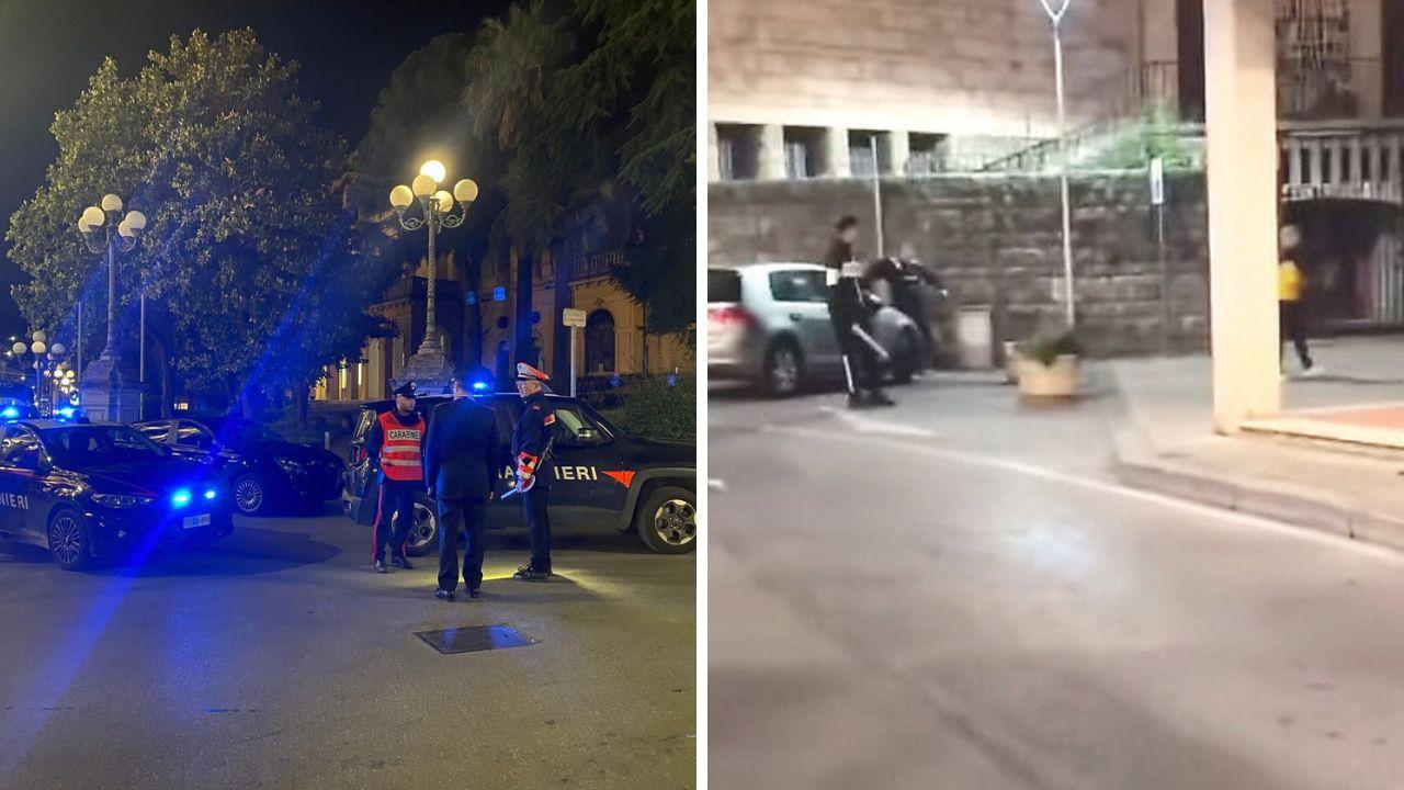 Controlli notturni dei carabinieri in centro a Montecatini (foto archivio) e un frame del filmato della rissa sulla sinistra il ragazzo con in mano il machete