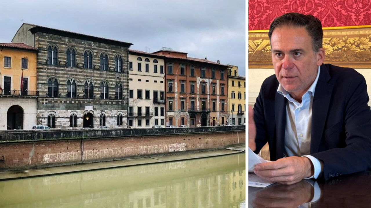 In primo piano Palazzo Gambacorti, sede del Comune; a destra il sindaco Michele Conti