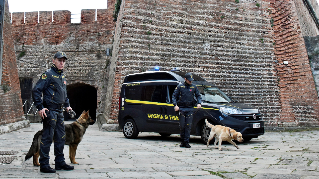 Un controllo dei finanzieri con i cani anti-droga sul porto di Livorno (foto d’archivio)