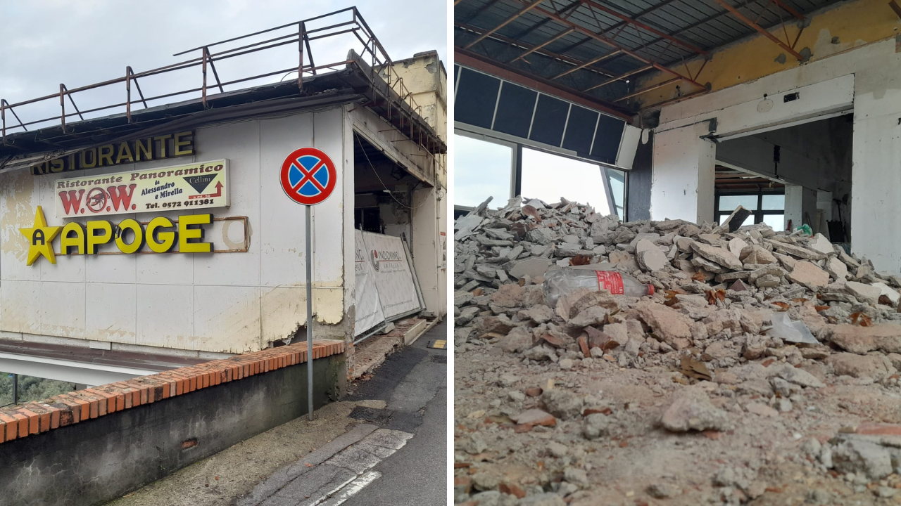 L’esterno dell’Apogeo e i calcinacci nella sala interna