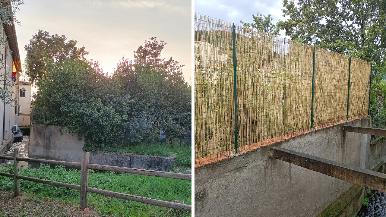 Nelle foto la recinzione con canniccio realizzata sul muretto e a destra la vegetazione sull’altro fronte del terreno a sua volta recintato