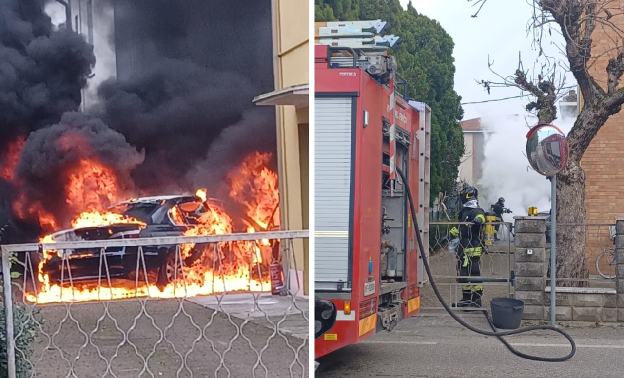 
	L'auto in fiamme e l'intervento dei vigili del fuoco in via Toti

