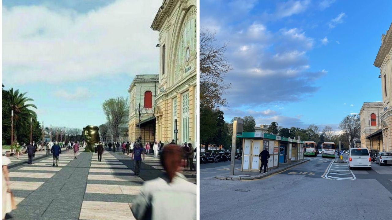 A sinistra piazza Dante com’è ora e il rendering di come sarà una volta conclusi i lavori