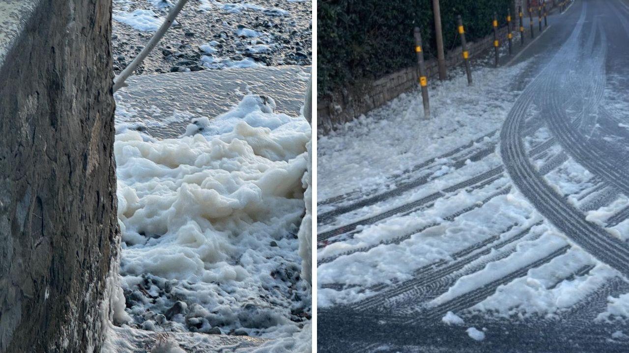 La schiuma sulla strada a Quercianella (Foto Ig: lau_bolognesi)