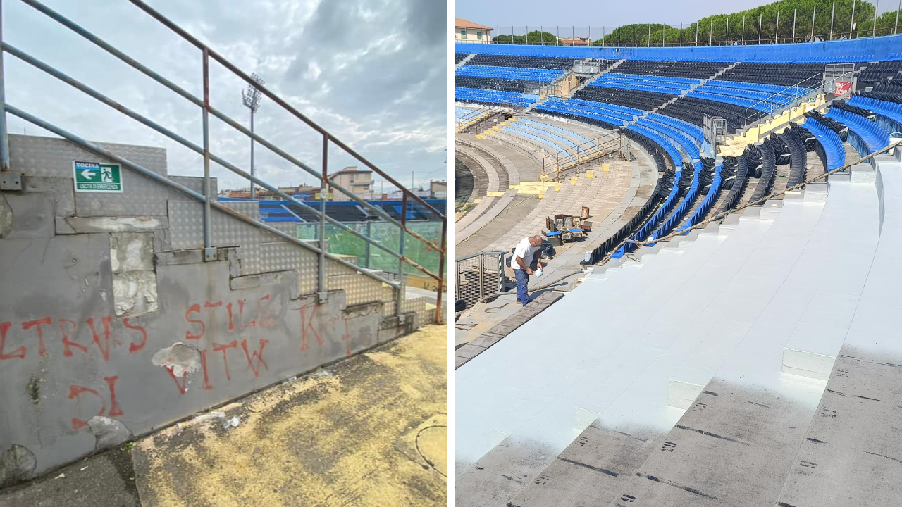 Nelle foto parte dei gradoni della curva da demolire e, a destra, il settore dove i lavori sono già stati svolti