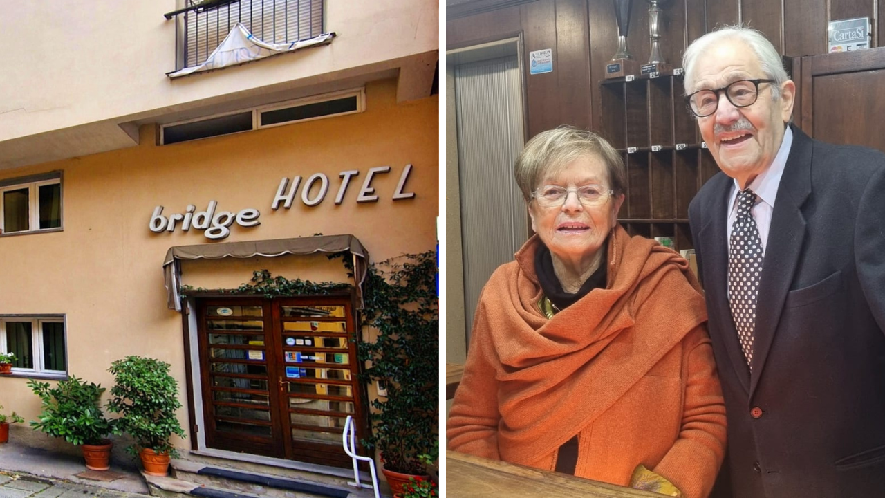 L’ingresso dell’albergo e accanto i coniugi Calissi