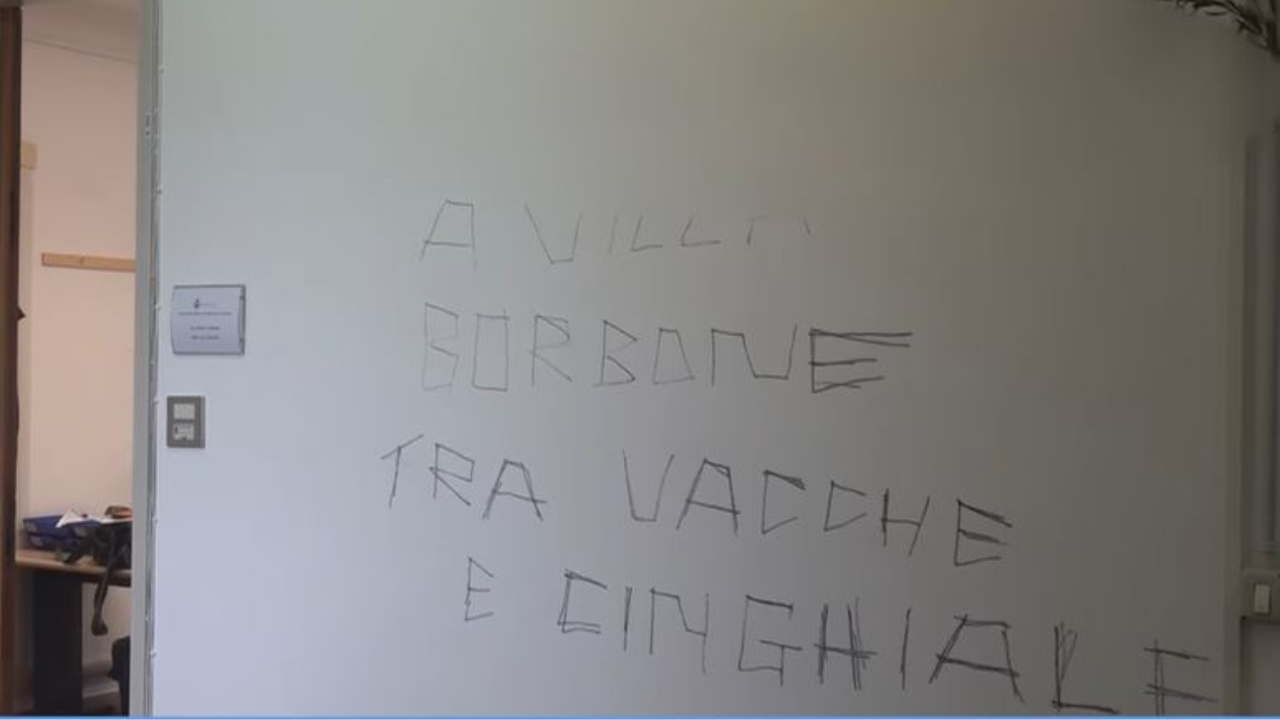 La scritta sulla parete (foto tratta dal servizio video di 50news Versilia)