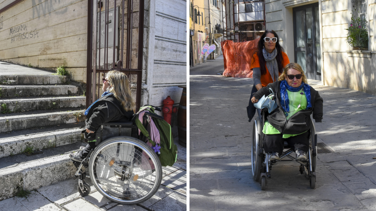 Lorella Ronconi di fronte agli scalini che portano al bastione della Cavallerizza da piazza del Sale. A fianco via Saffi, con il manto stradale dissestato (foto Agenzia Bf)