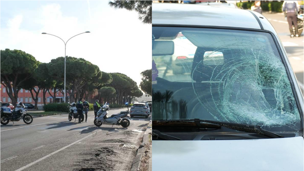 Il luogo dell'incidente e il parabrezza dell'auto investitrice <em>(foto Mario Rosas)</em>