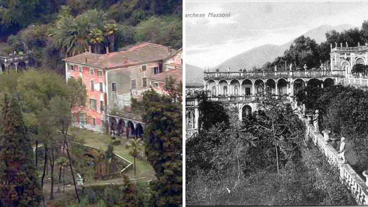 Un’immagine di Villa Massoni nel degrado e una cartolina storica che mostra i meravigliosi loggiati della villa (Foto d’archivio)