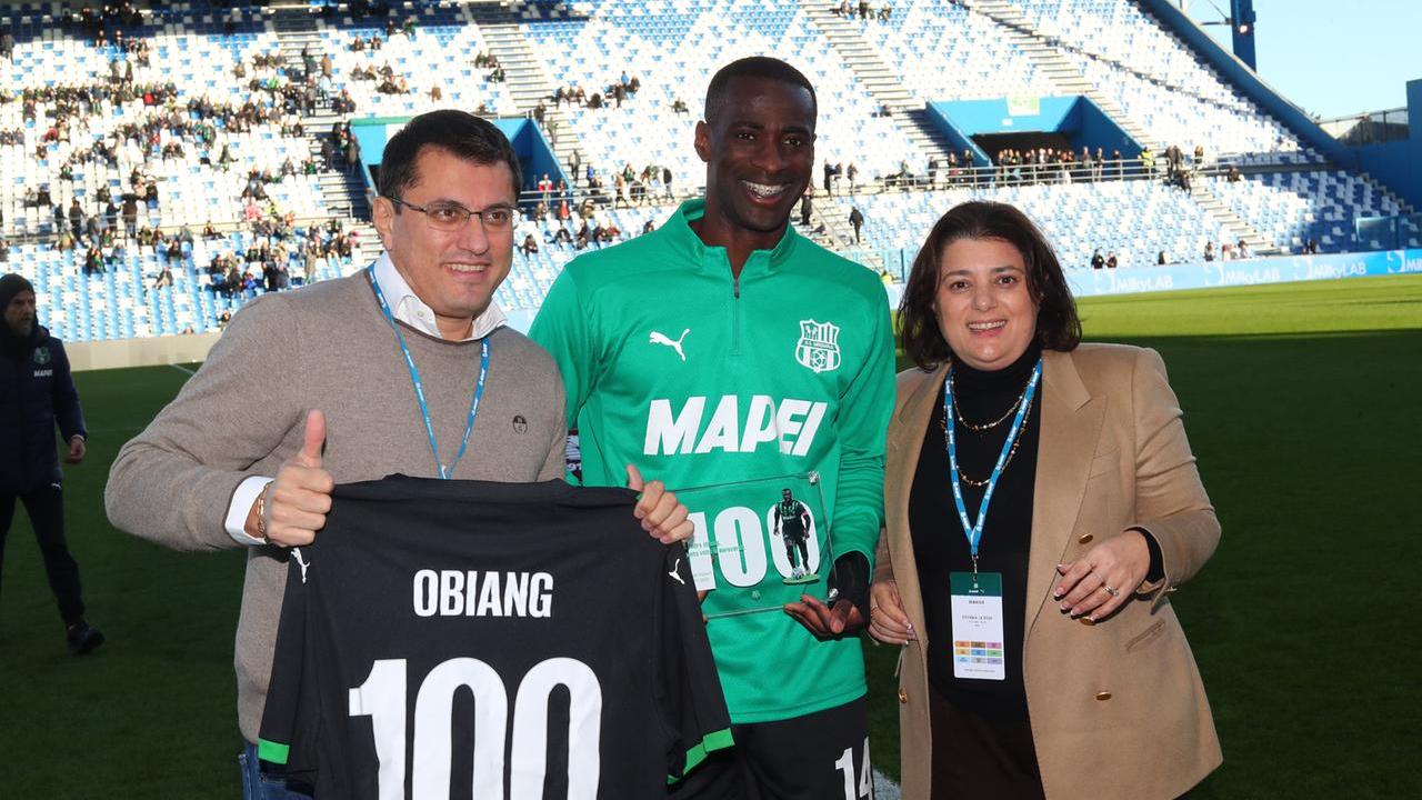 Marco e Veronica Squinzi premiano Pedro Obiang per le 100 partite con la maglia del Sassuolo