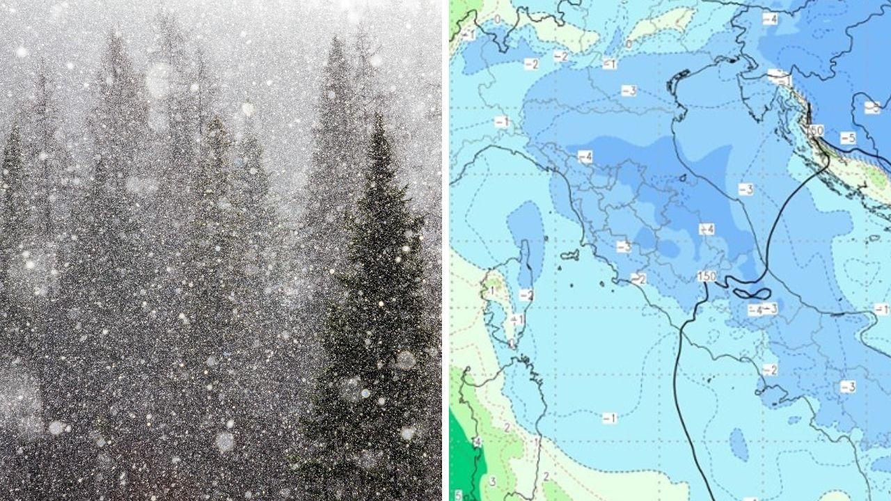 A destra il freddo previsto sulla Toscana (Elaborazione Cmt)