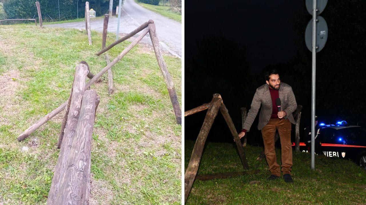 A destra l’inviato di Pomeriggio 5 durante la diretta (foto Sernacchioli) e a sinistra una parte della staccionata divelta