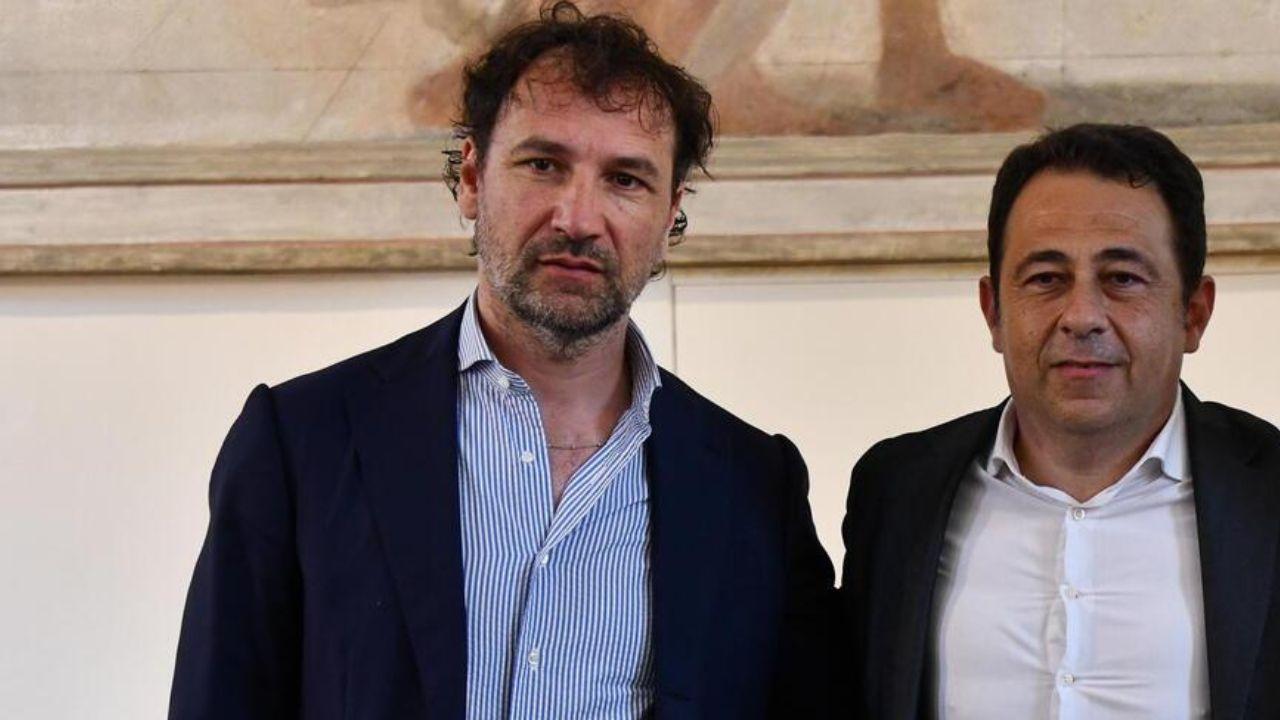 L’amministratore delegato della Lucchese, Ray Lo Faso (manager del Gruppo Bulgarella) con l’allenatore rossonero Giorgio Gorgone (foto Fiorenzo Sernacchioli)