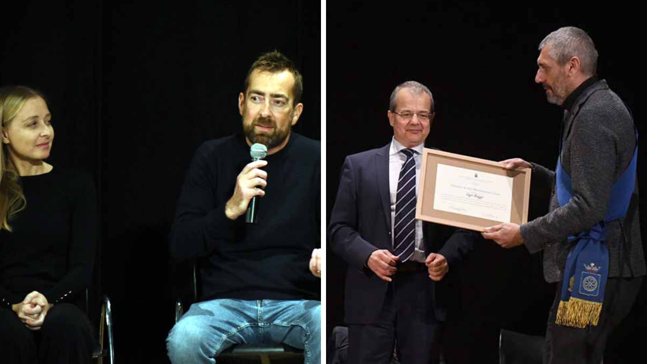 Paola Turchi e Andrea Leonardi; a destra Ugo Boggi riceve l’alta benemerenza civica dal presidente del consiglio comunale Cristiano Bottici