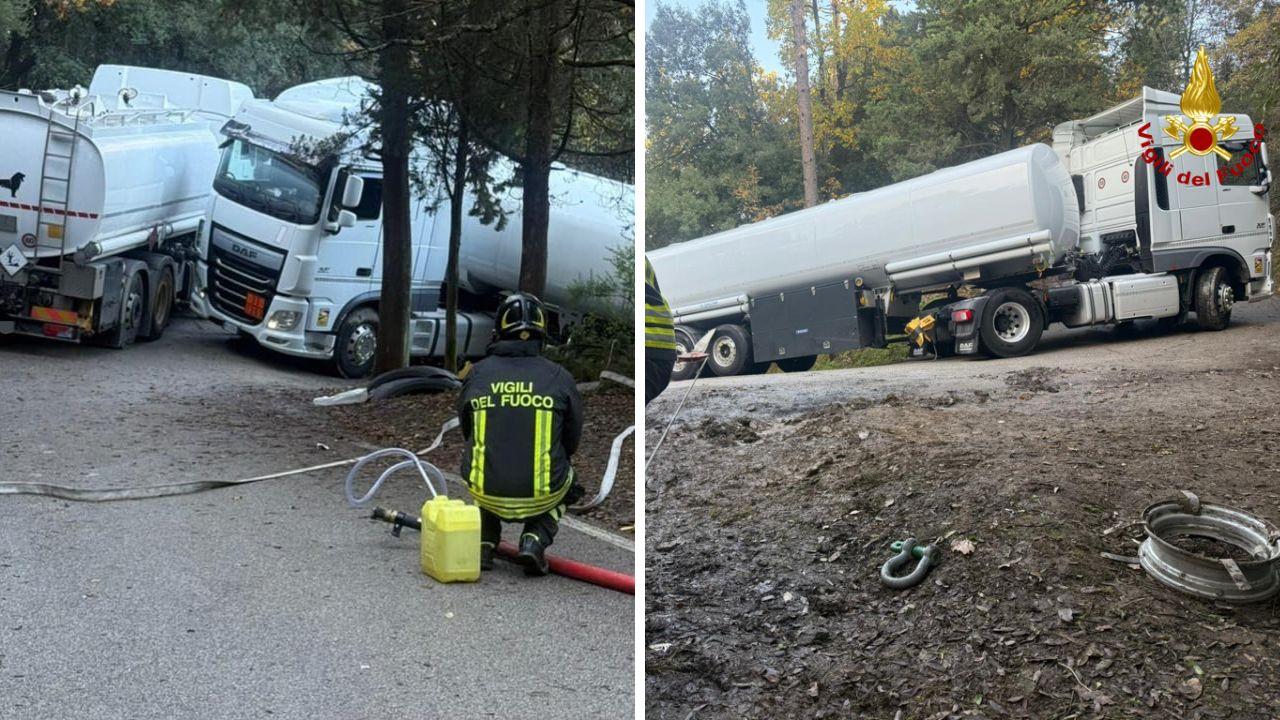 
	L'autocisterna bloccata in via Madonna del Papa a Carmignano


