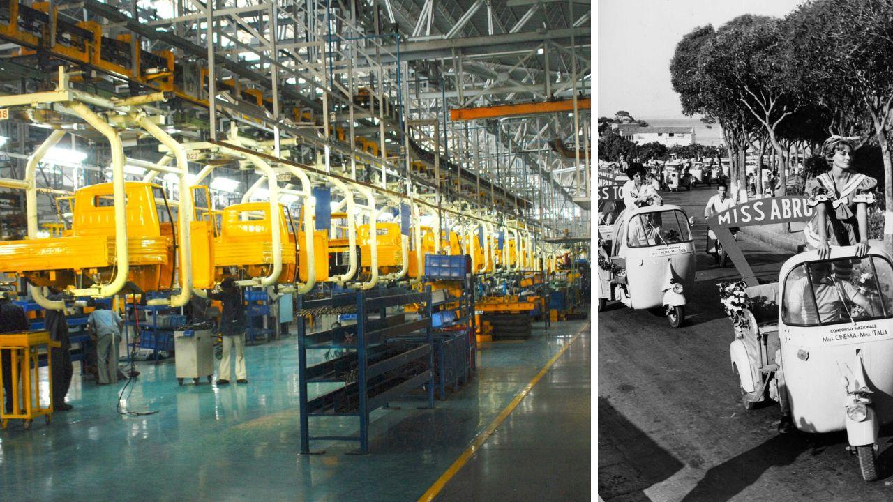 
	Una vecchia linea di produzione dell&rsquo;Ape alla Piaggio di Pontedera e una foto storica di una sfilata di miss negli anni '50

