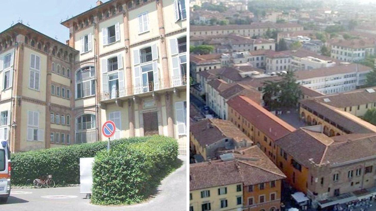 Nelle foto in alto una veduta dell’area del Santa Chiara nell’eccezionale posizione a fianco di Piazza dei Miracoli e, a destra, una delle cliniche all’interno del polo ospedaliero