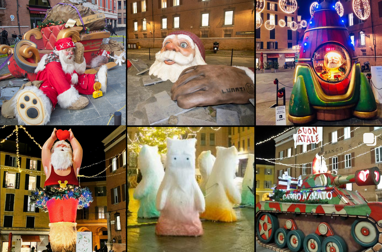 Modena, addio ai Babbo Natale di Lorenzo Lunati in piazza XX Settembre: al loro posto un mercatino