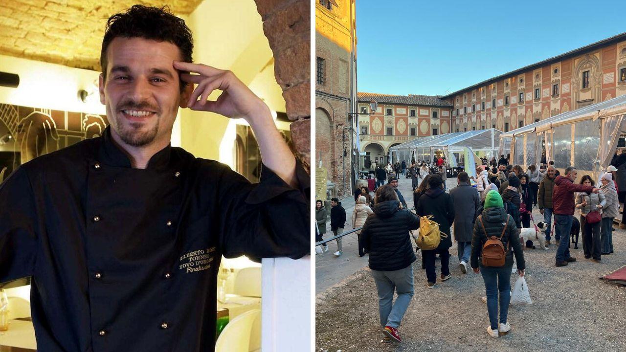 Lo chef Gilberto Rossi del ristorante Pepenero e gli stand ieri pomeriggio (Foto da San Miniato Promozione)