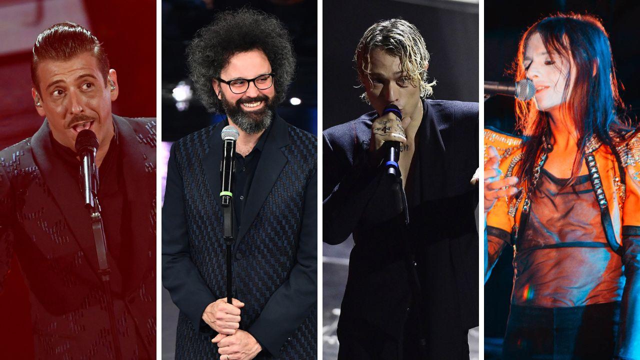 Da sinistra Francesco Gabbani, Simone Cristicchi, Irama e Lucio Corsi