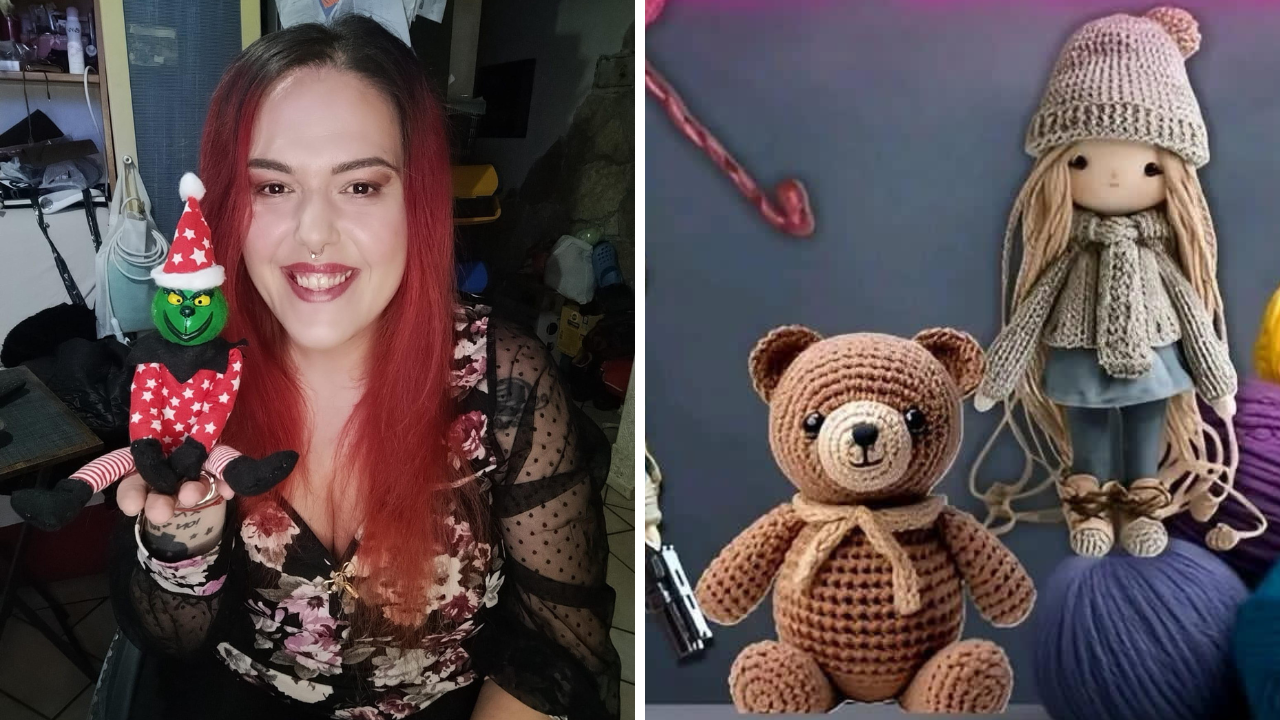 La Ginger, al secolo Elena Bergamini, con alcuni dei lavori realizzati da lei e venduti nel suo negozio online (foto concesse dall’artigiana)