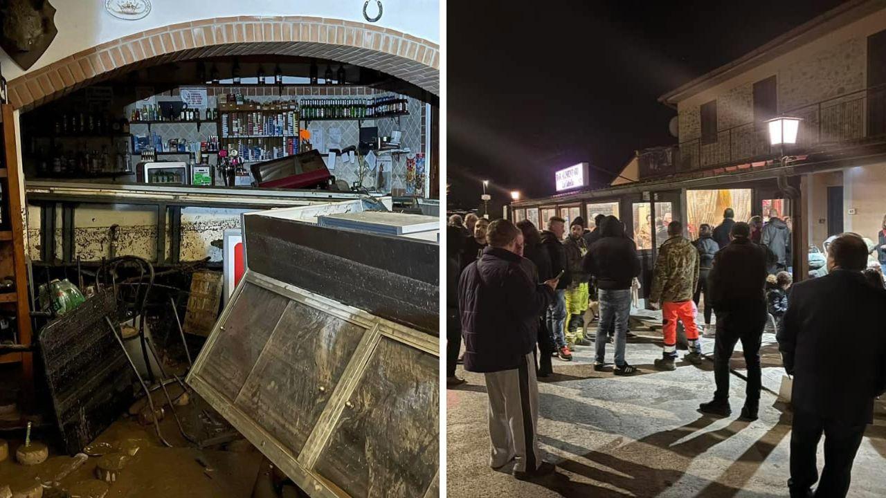 
	Il bar alla Gabella devastato dall'alluvione, a dx i clienti presenti alla festa per la ripartenza


