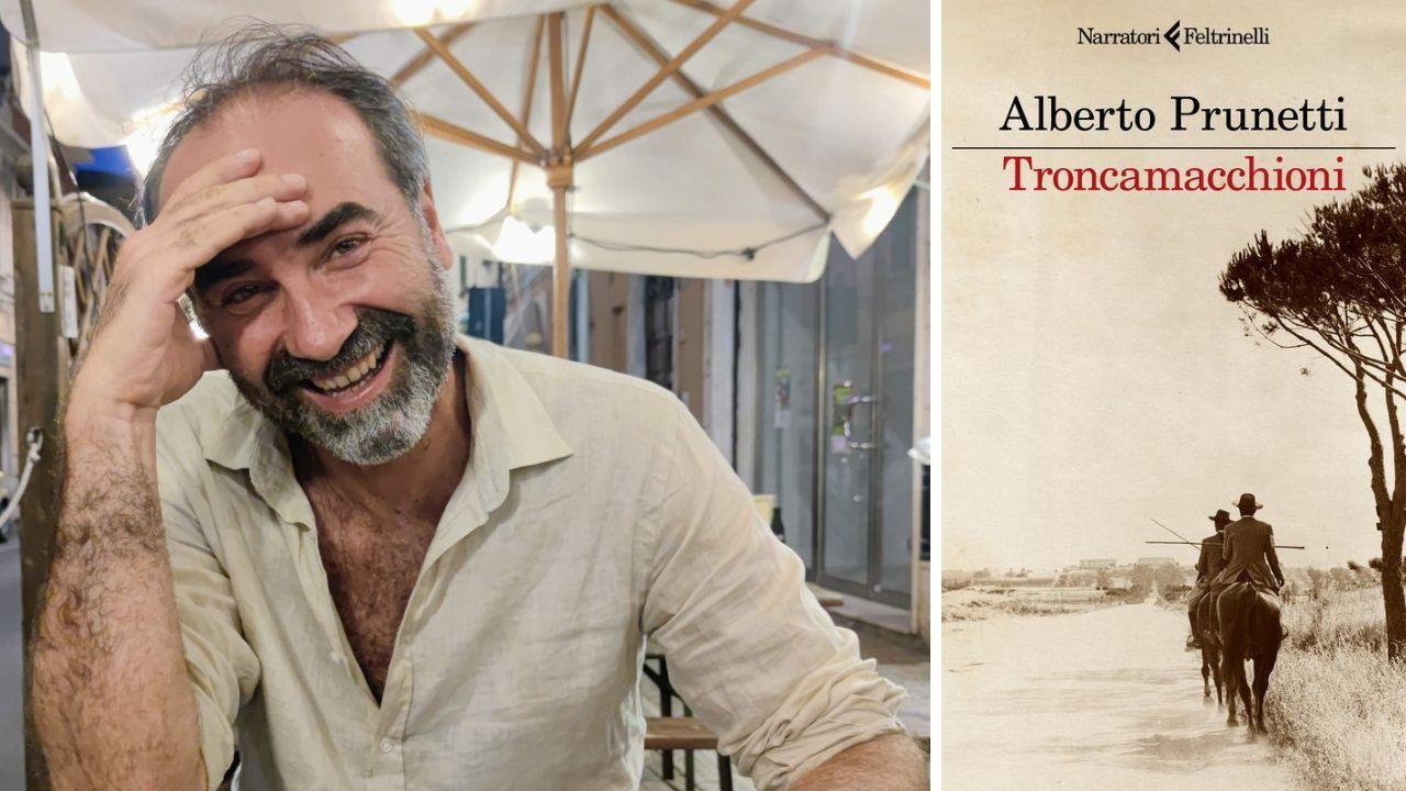 Lo scrittore Alberto Prunetti e la copertina del suo ultimo libro “Troncamacchioni”