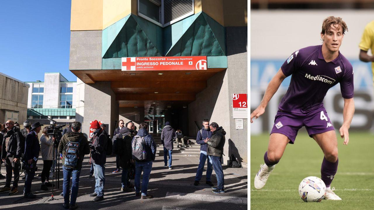 La folla fuori dall'ospedale Careggi e il calciatore Edoardo Bove