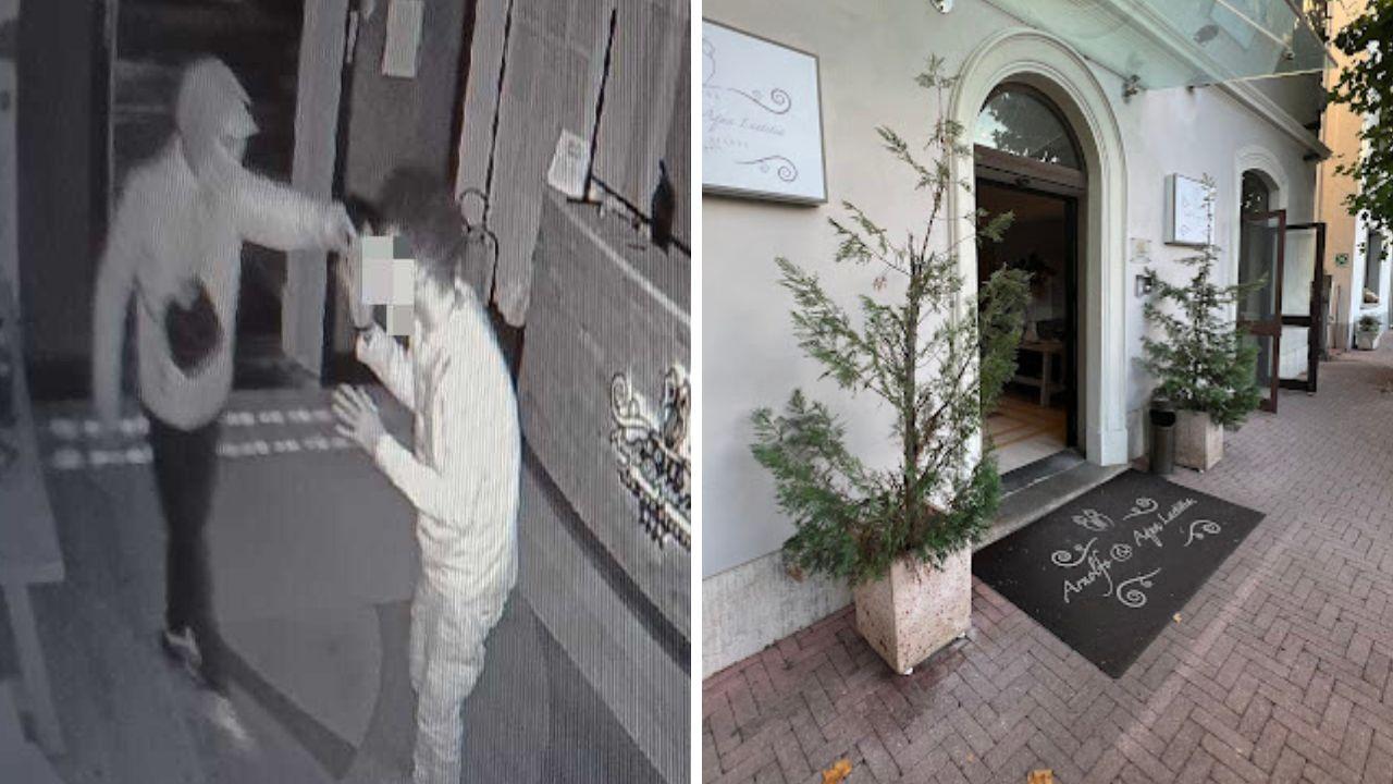 Il bandito che punta la pistola contro il portiere in un fermo immagine dalla telecamera e l'ingresso dell'albergo Arnolfo