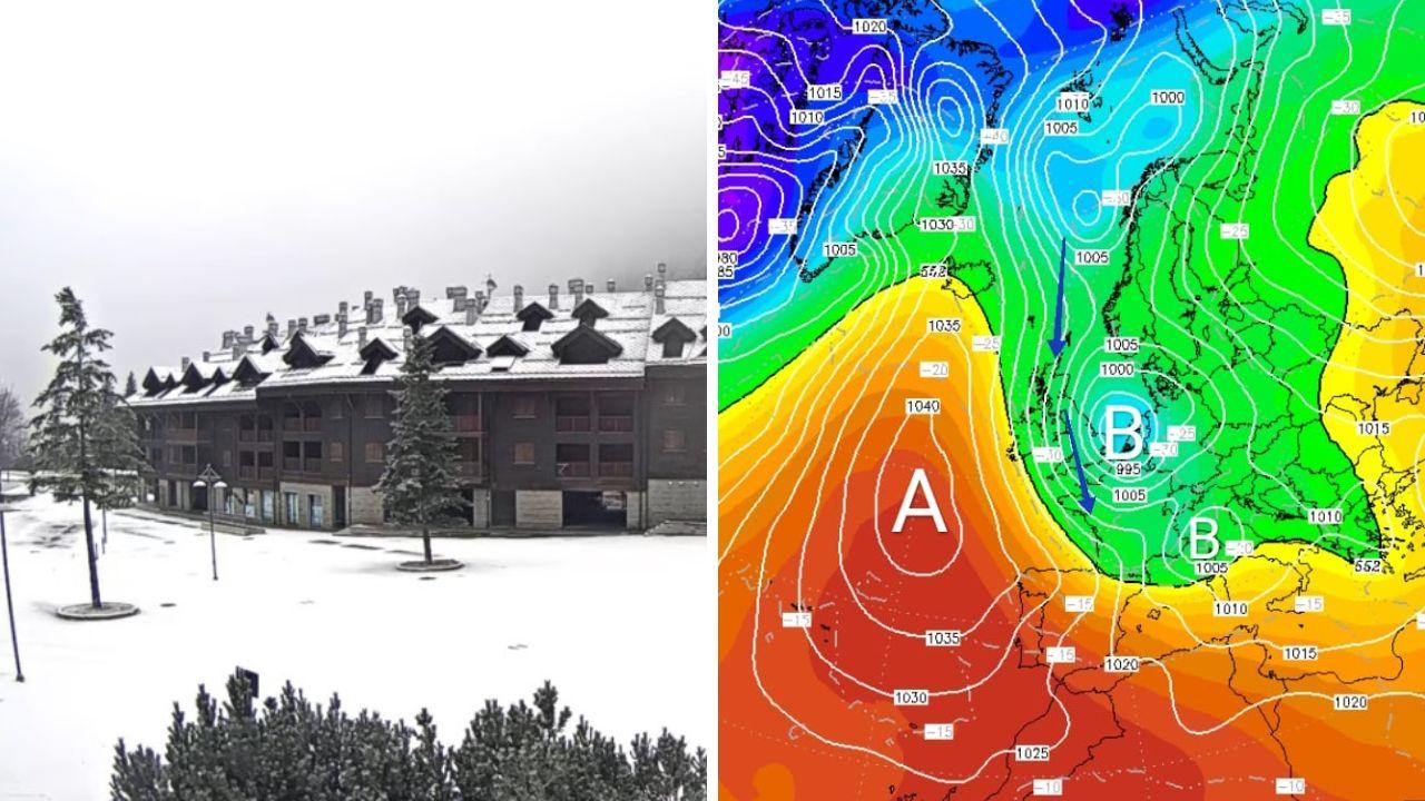 La neve all'Abetone e il freddo in arrivo in Toscana (Elaborazione grafica Cmt)