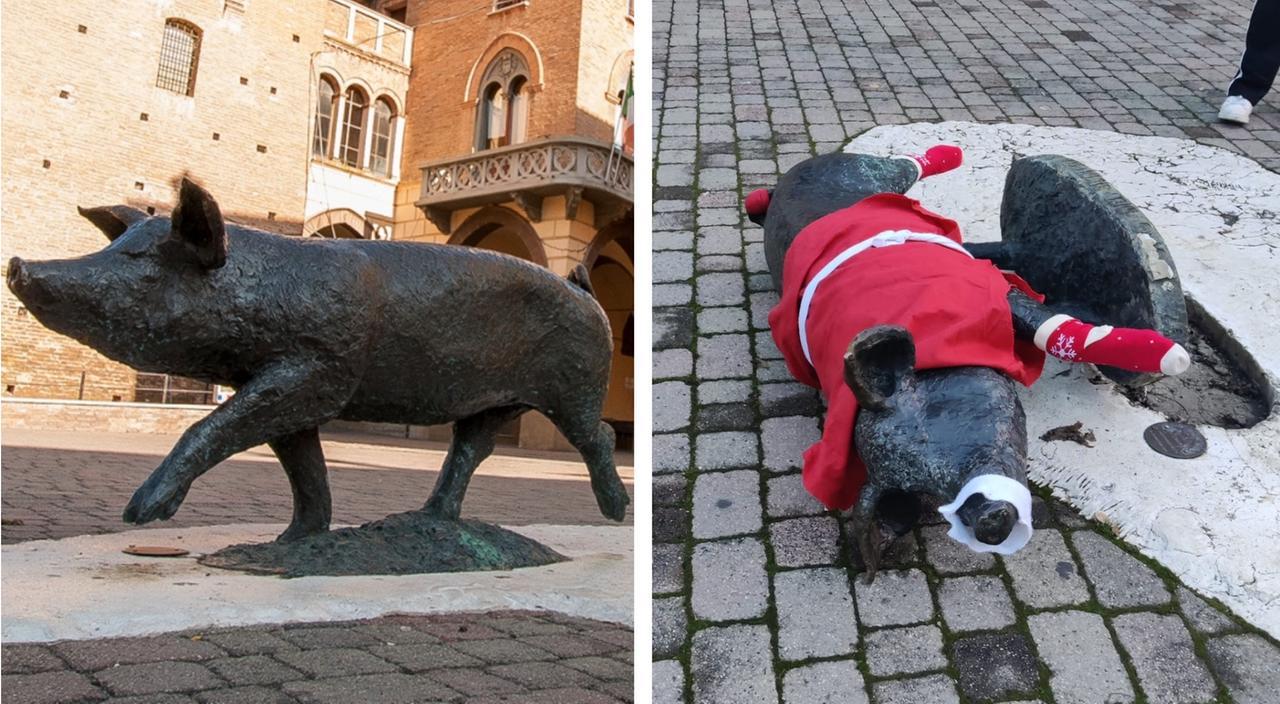
	La statua del maiale vandalizzata

