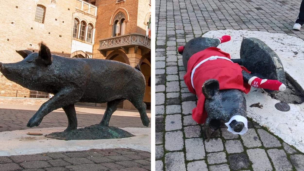 La statua del maiale vandalizzata