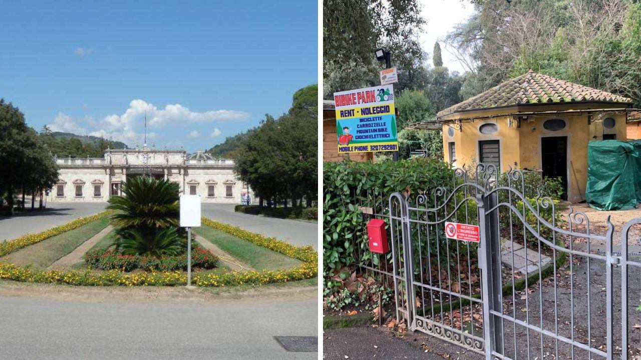 La grande aiuola di fronte al Tettuccio che ospita la fontana “Duetto d’acqua e le latrine Fortuna di fronte all’ex biglietteria in pineta, sede dell’Asvalt