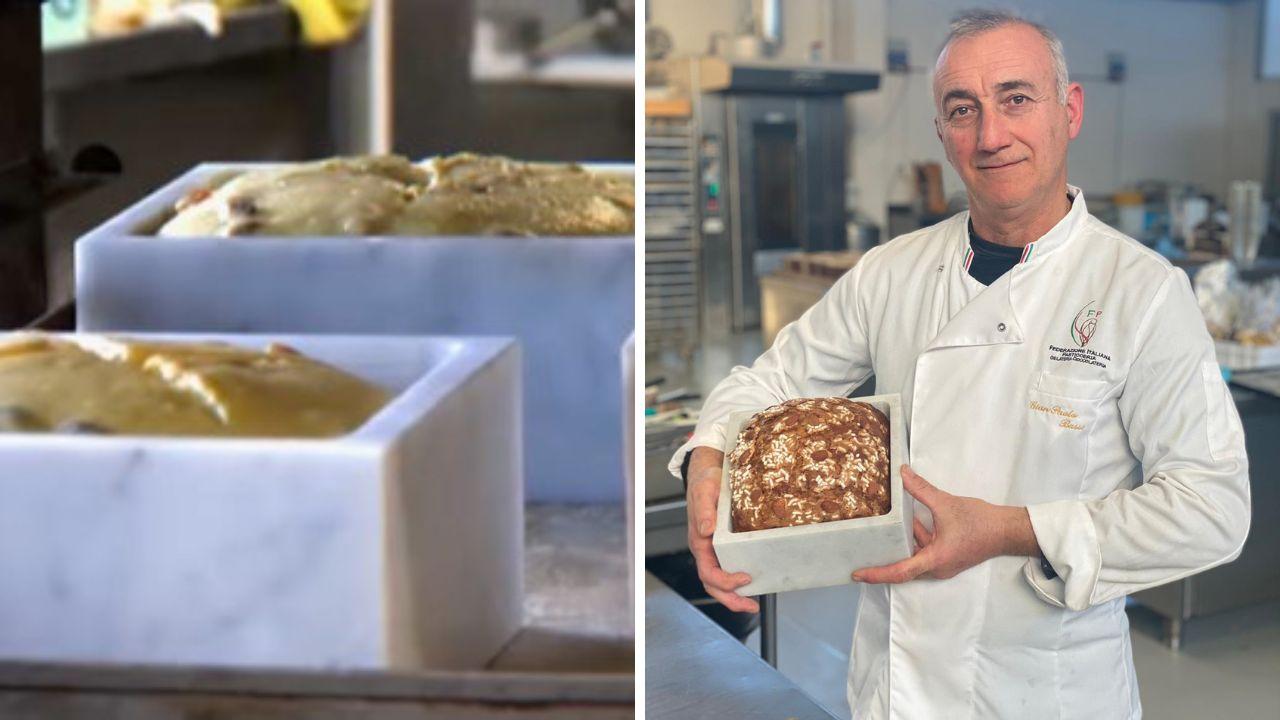 A sinistra il panettone cotto nel marmo e a destra il maestro pasticcere Gianpaolo Bassi