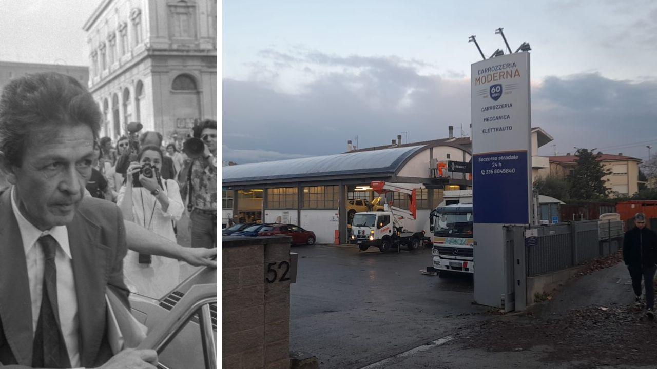 Berlinguer che scende dall'auto e la carrozzeria Moderna