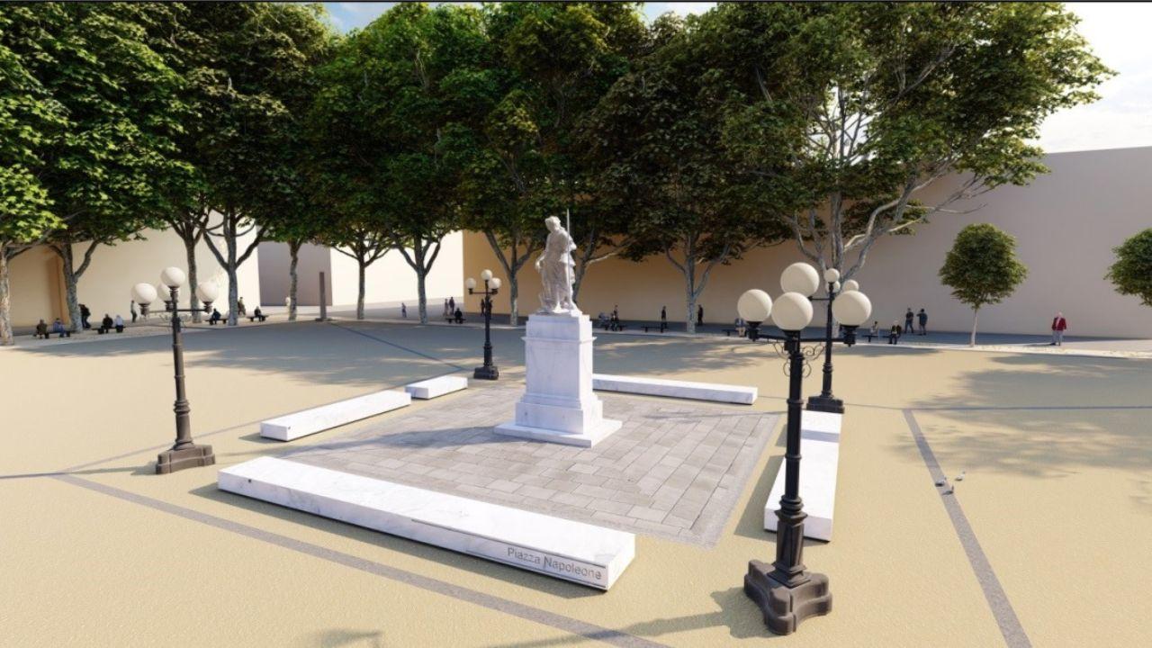 Un rendering mostra le panche di marmo attorno alla statua di Maria Luisa di Borbone